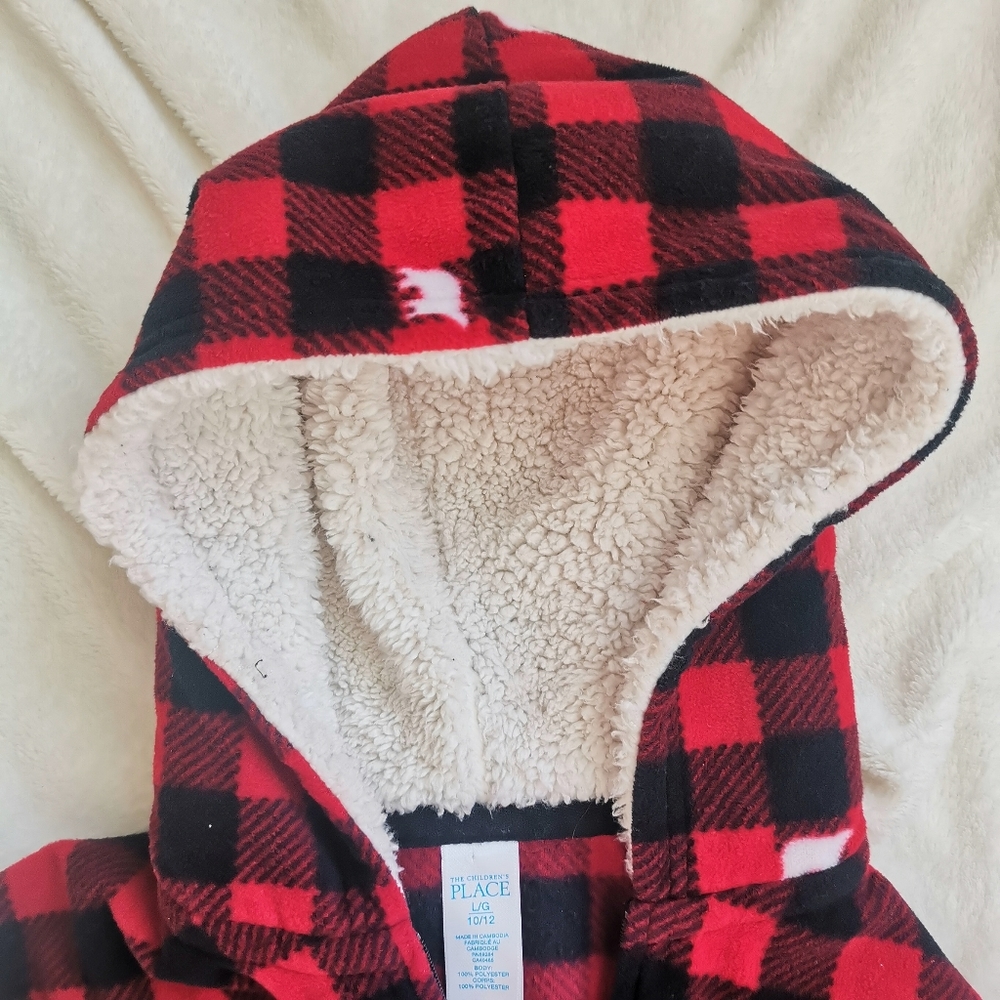 Children's Place Hooded Fleece Plaid Kids Onesie Size Large 10/12 Buffalo Check - Picture 4 of 5